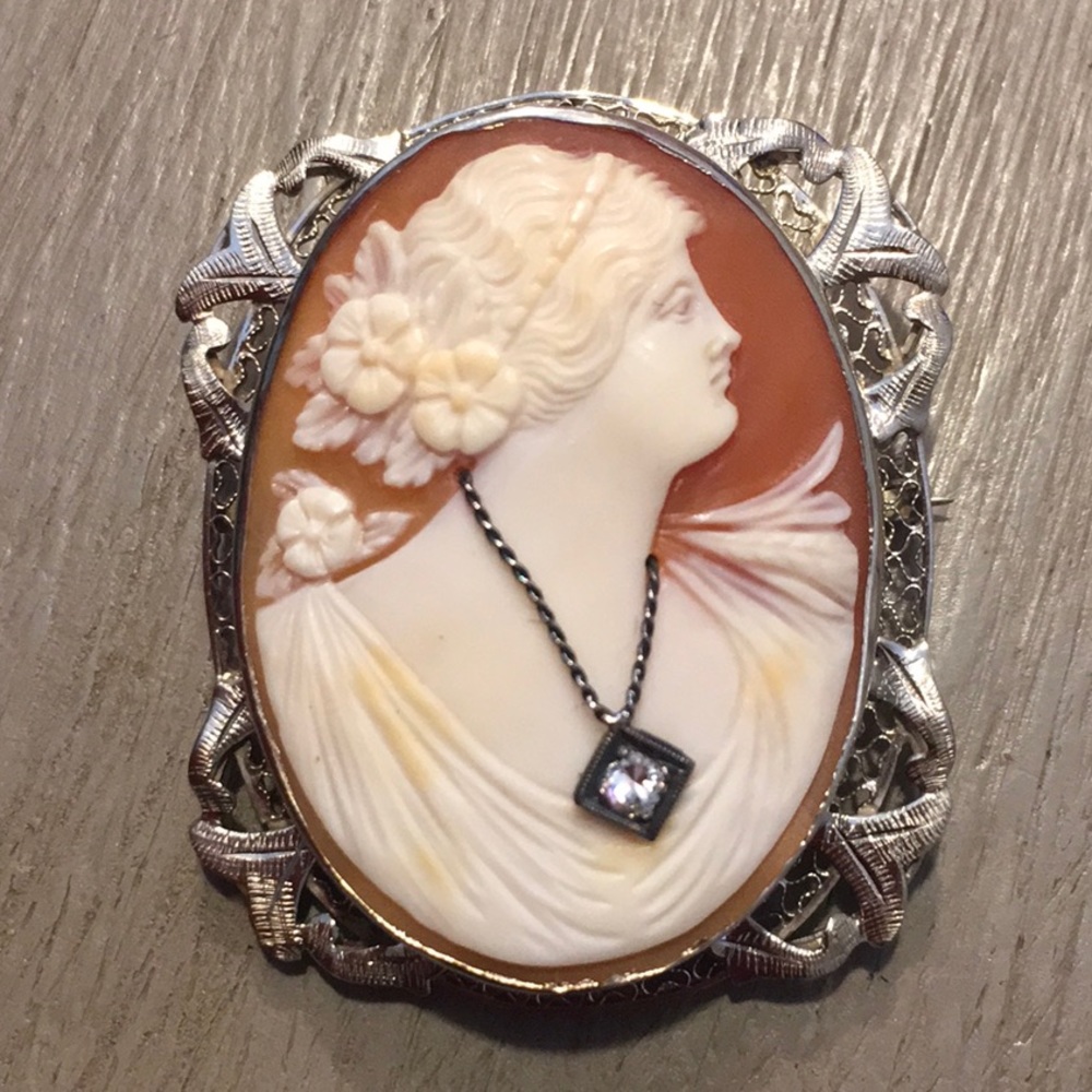 Cameo pin w/diamond accent necklace framed in 14K gold w loop for necklace